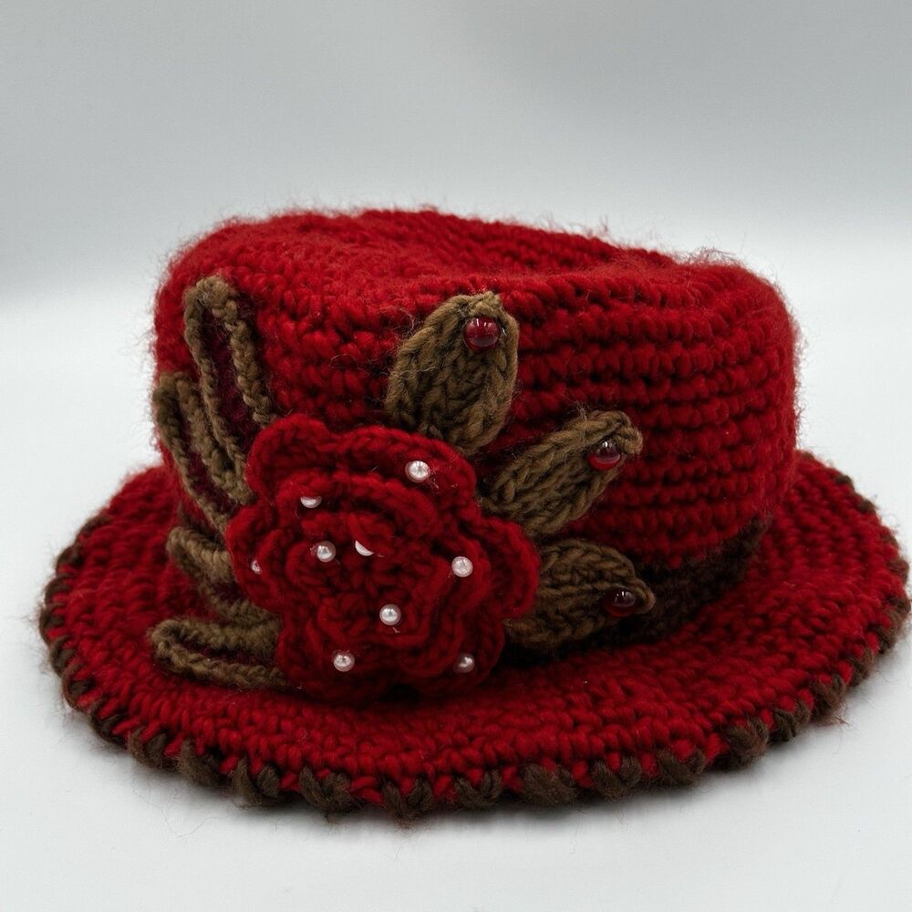 Crochet Red/Brown Knit Cloche Bucket Hat Women Winter Beanies Cap w flower Lined - Picture 9 of 10
